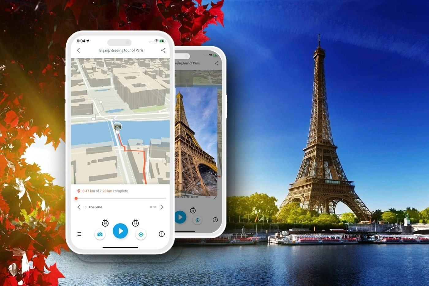 Aperçu de l'application mobile Grande Visite de Paris avec carte et lecteur audio