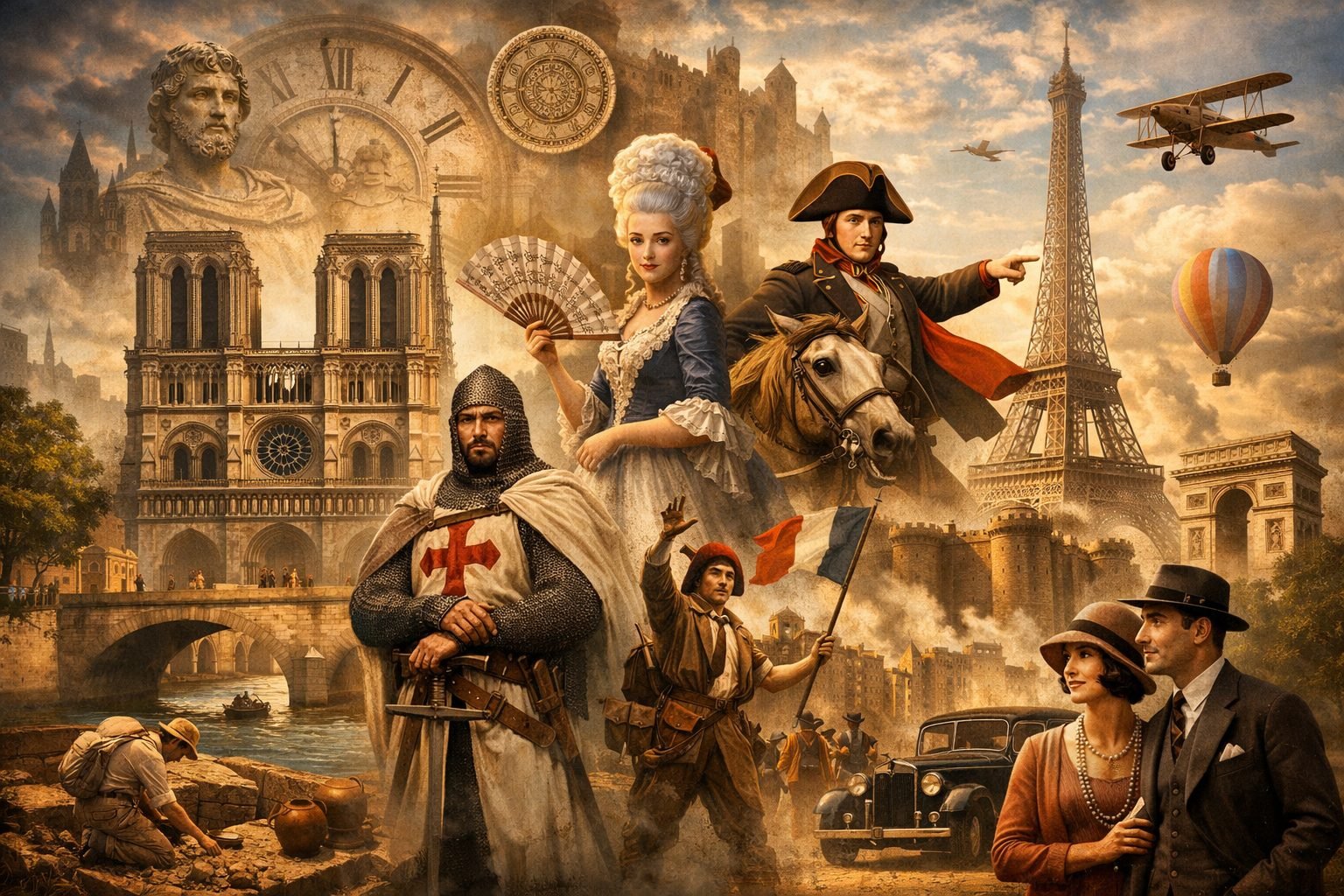 Illustration retraçant huit siècles d'histoire parisienne : chevalier templier, Marie-Antoinette, la Révolution française et la Tour Eiffel